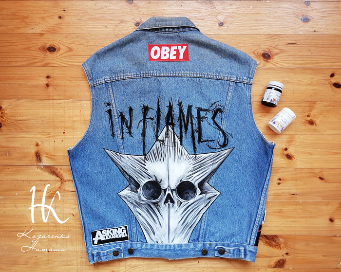 Hand-painted denim jacket In Flames - My, Handmade, Denim, In Flames, Scull, Painting, Painting on fabric, Music, Acrylic