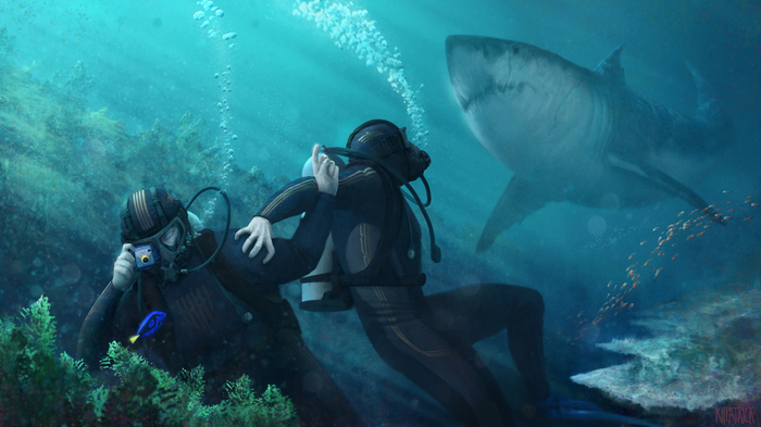 Trespassers - Art, Deviantart, Diving, Diver, Shark, Joel Kilpatrick