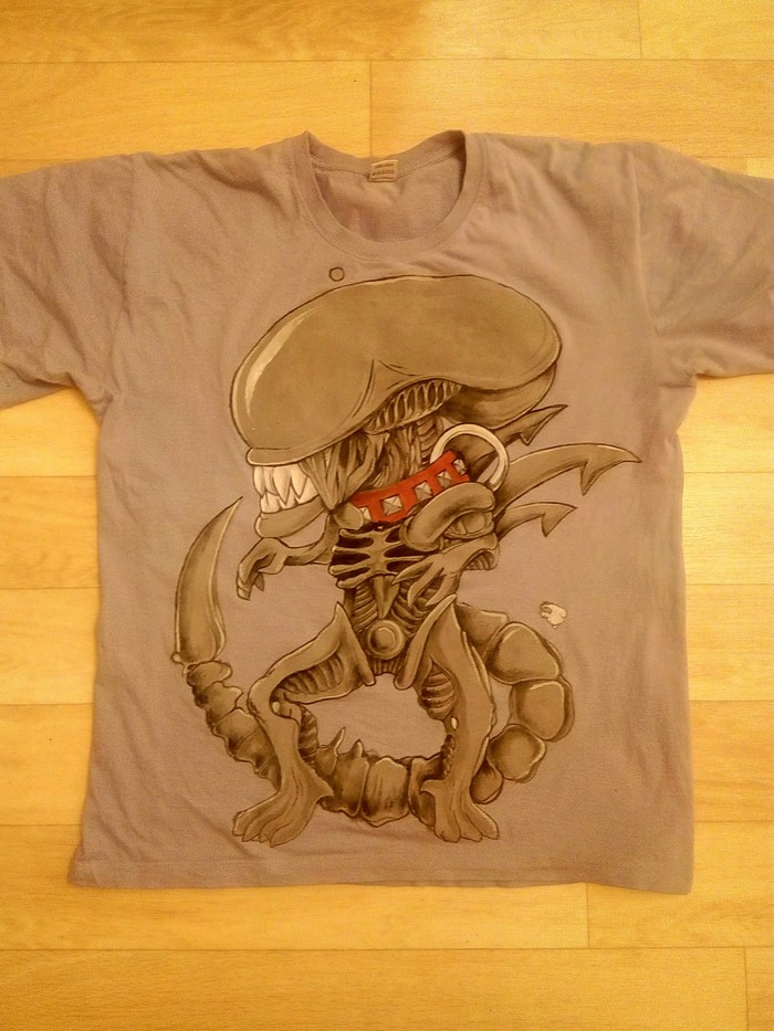 Alien T-shirt - T-shirt, Stranger, Needlework, My, Painting on fabric, Acrylic