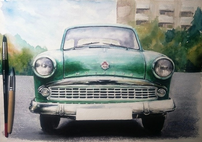 Retro car No. 6 (Moskvich) watercolor/paper - My, Watercolor, Painting, Car, Auto, Retro, Moskvich, Painting, Creation, Longpost