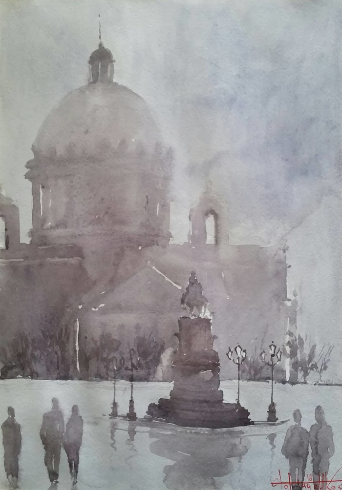 Saint Isaac's Cathedral. Rain Watercolor on paper 42x30 (2018) - My, Watercolor, Painting, Town, Saint Petersburg, Landscape, Painting, Architecture, Saint Isaac's Cathedral