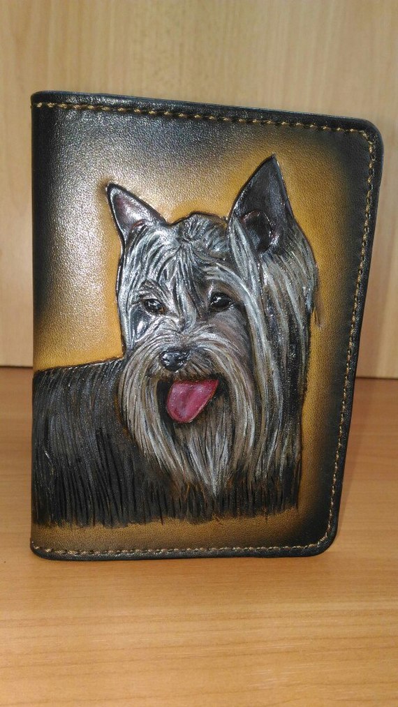 Cover for passport and car documents. SKSstyle. Yorkshire Terrier. - My, , Leather carving, Leather, , Longpost