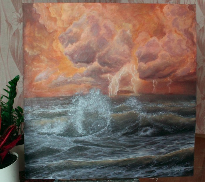 Thunderstorm - My, Butter, Sea, Storm, Wave, Creation, Painting, Thunderstorm, Lightning