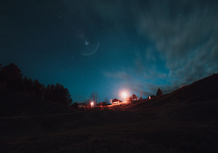 spring night - My, The photo, Canon 600D, 18-55 kit, Astrophoto, Night, Stars, Village, Spring, Longpost, Stars