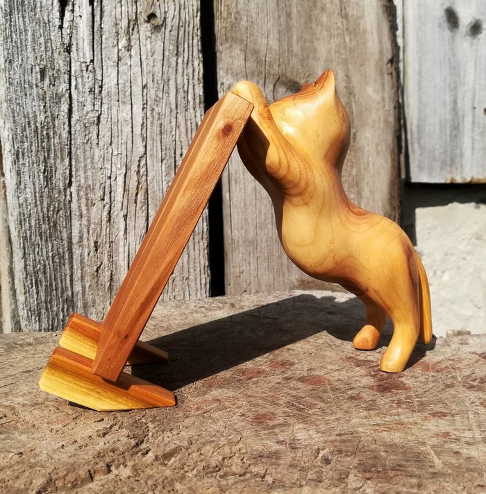 acacia cat - My, Wood carving, cat, With your own hands, Phone stand, Handmade, Longpost