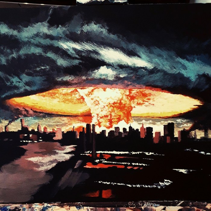 Finished version ... or almost .acrylic paint, novice artist - My, Acrylic, Painting, Painting, Explosion, Nuclear explosion, Town