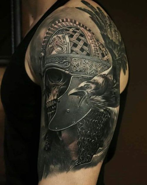 Dead warrior - Tattoo, Skeleton, Scull, Crow, Tattoo on the arm
