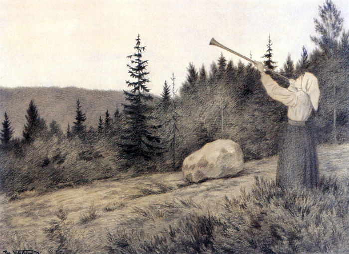 Theodor Kittelsen - High in the mountains the horn sings (1900) - Painting, Theodor Kittelsen, Art