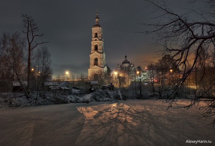 night shadows - My, Temple, Bell tower, Night, Snow, Shadow, The photo