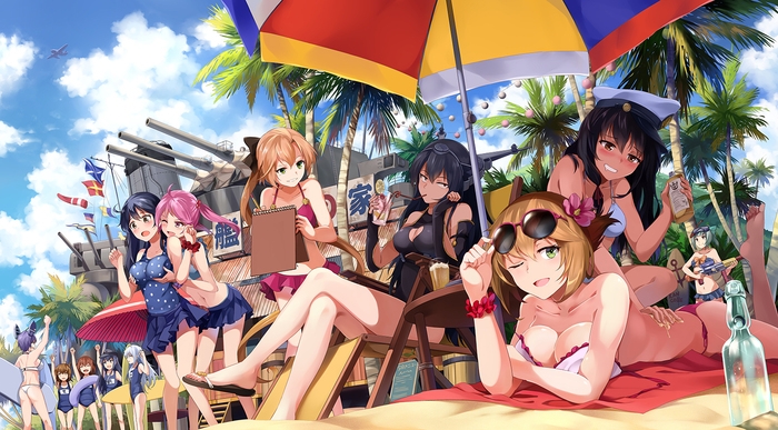 Summer - Kantai collection, Swimsuit, Beach, Kanmusu, Female Admiral, Mutsu, Anime, Anime art