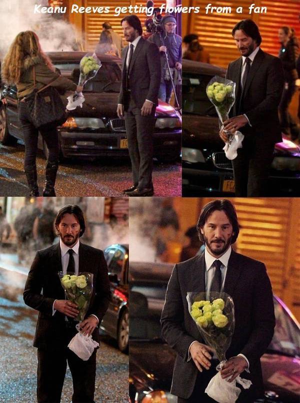 Keanu Reeves receives flowers from a fan - Keanu Reeves, Flowers, Fans, Movies, John Wick