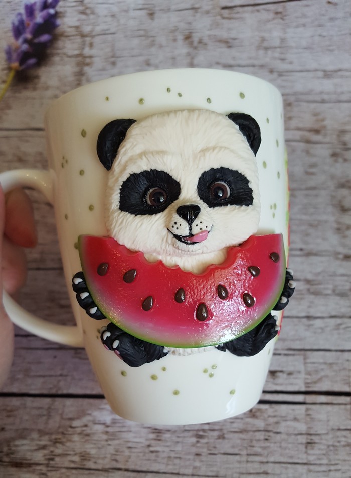 Mug Panda - My, Polymer clay, Creation, Handmade, Mug with decor, Panda, Watermelon, Longpost