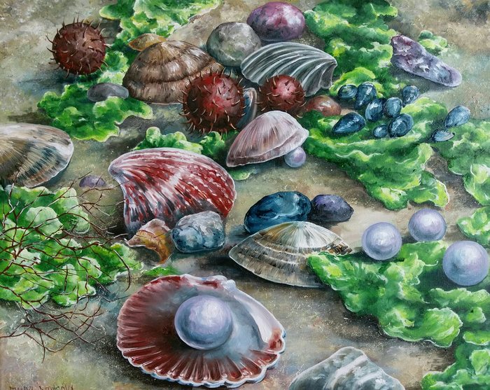 On the sea shore - My, Seashells, , Shore, Painting, Oil painting, Painting