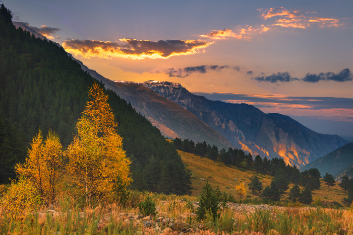 Quiet sunset in the mountains of Kabardino-Balkaria - My, The mountains, Autumn, Sunset, Birch