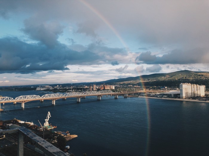 Вид на Николаевский мост, Красноярск - Красноярск, Мост, Радуга, Енисей, Фотография, Город