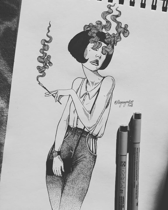 smoking lady - My, Masyanyarus, Drawing, Girls, Smoking control, Longpost, Smoking, Liner