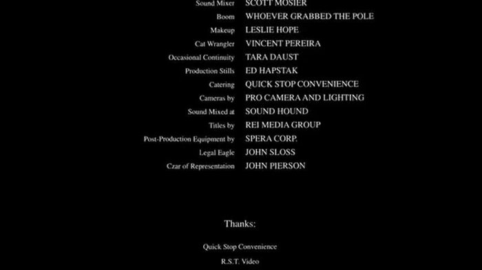 In the credits of Clerks by Kevin Smith, the sound operator is credited as Whoever grabbed the pole (Whoever grabbed the pole) - Clerks, Kevin Smith