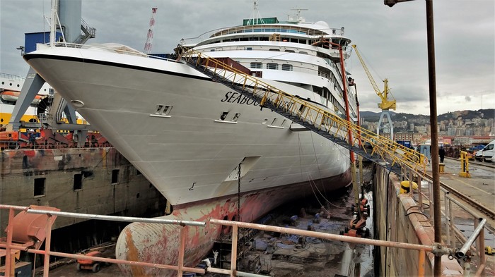 Our swallow was standing in a dry dock pointing a marafet. - My, Cruise liners, Dry dock, Genoa, Repair, Longpost, Marafet