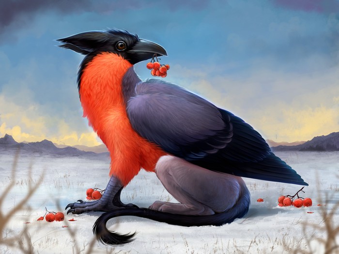 winter griffin - Art, Drawing, Griffin, Bullfinches, 