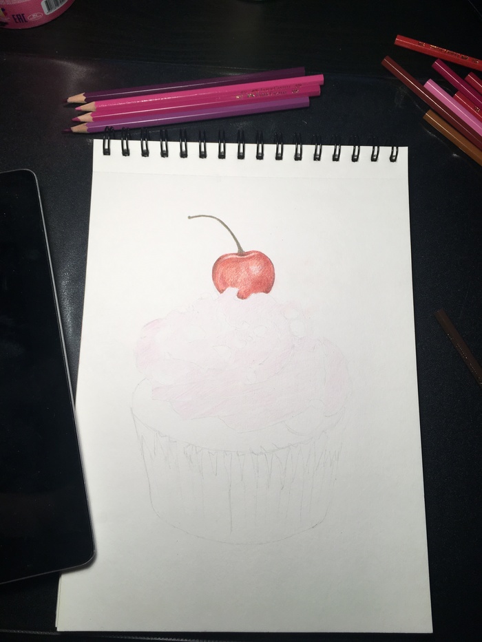 With cherry... - My, Colour pencils, First post, Cake, Longpost, Sweets, Cake, Cake, Food, Drawing, Cake