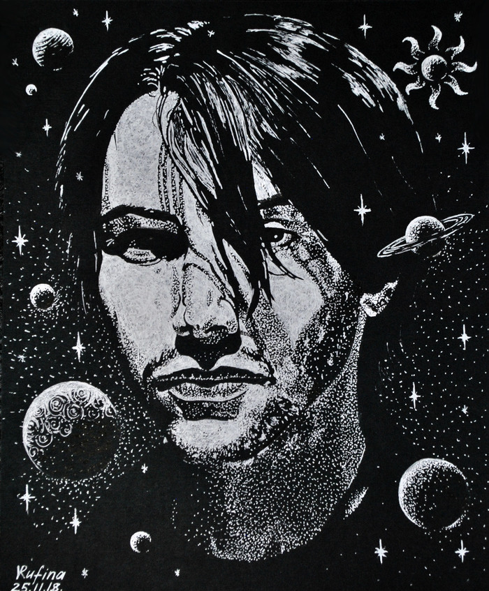 Cosmo Keanu - My, Portrait, Art, Keanu Reeves, Space, Actors, Pen drawing, Black paper, Drawing