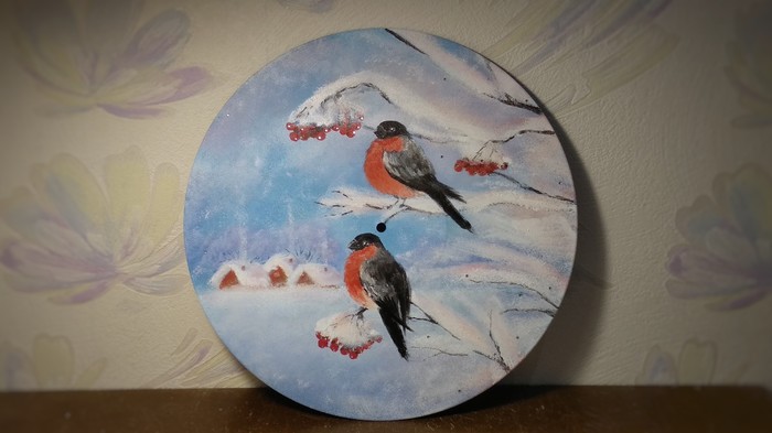 Winter on vinyl - My, Acrylic, Vinyl records, Painting, Creation, Winter, Bullfinches