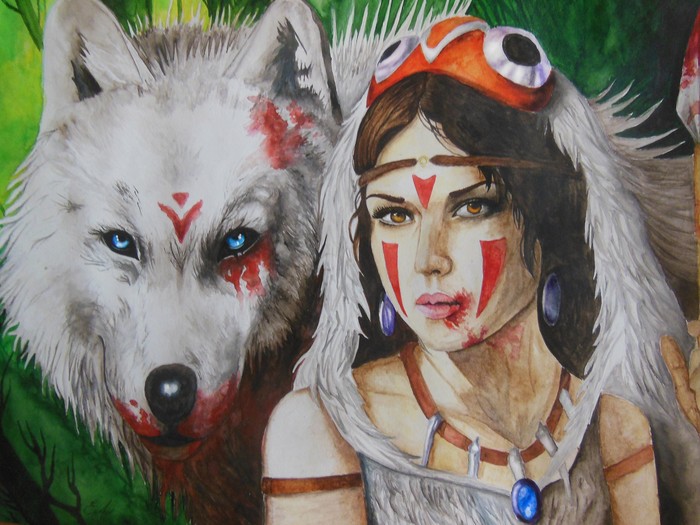 Drawn about 2 years ago - My, Watercolor, Anime, Princess mononoke, Wolf, Drawing, Art, Creation