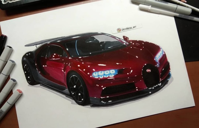Drawing Bugatti Chiron - My, Bugatti, Drawing, Marker, Pencil, Photorealism, Bugatti Chiron, Auto