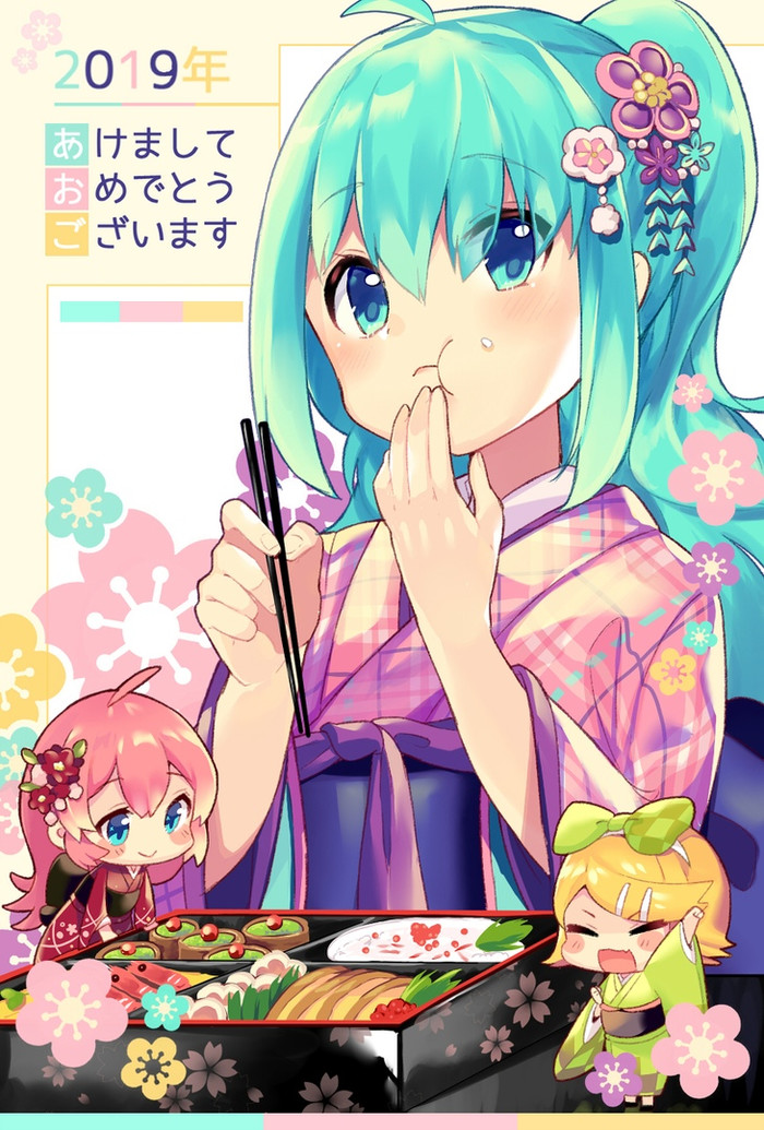 Gotta eat food... - Anime, Not anime, Vocaloid, Hatsune Miku, Kagamine rin, Megurine luka, Anime art, Chibi