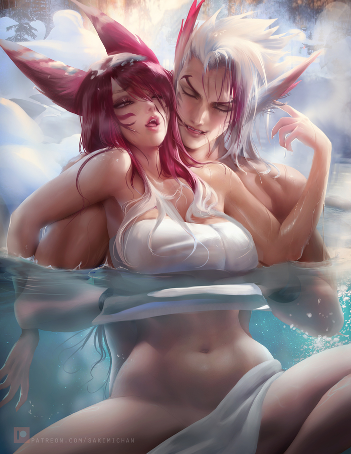 Xayah X Rakan Snowy Hot Spring NSFW - NSFW, Арт, Sakimichan, League of Legends, Xayah, Rakan