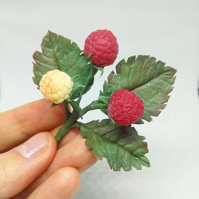 Sprig of raspberry from polymer clay - My, Needlework without process, Polymer clay, Raspberries, 