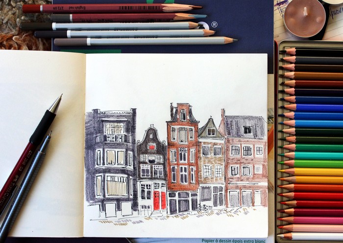 Quick sketches of Dutch houses - My, Sketch, Town, Colour pencils, Illustrations, Holland, Graphics, Architecture, Drawing, Netherlands (Holland)