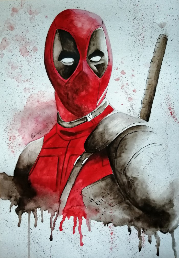 Deadpool - My, Watercolor, Drawing, Creation, Art, Deadpool, Marvel, Movies