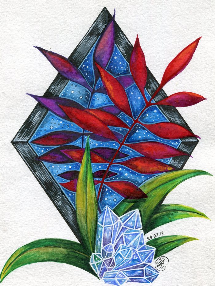 Herbs and crystals - My, Drawing, Watercolor, Crystals, Aquamarine, Branch, Grass, Starry sky, Rhombus