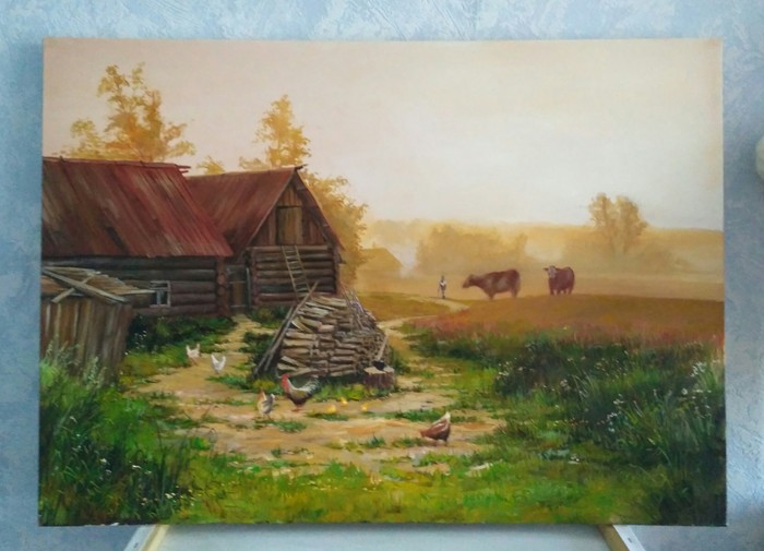Morning in the village - My, Painting, Village, Longpost, Oil painting, Butter, Painting, Landscape, Morning