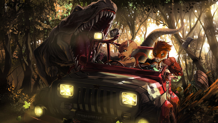 FLOOR IT! - Furry, Art, Dinosaurs, Fruitbloodmilkshake, Car, Forest