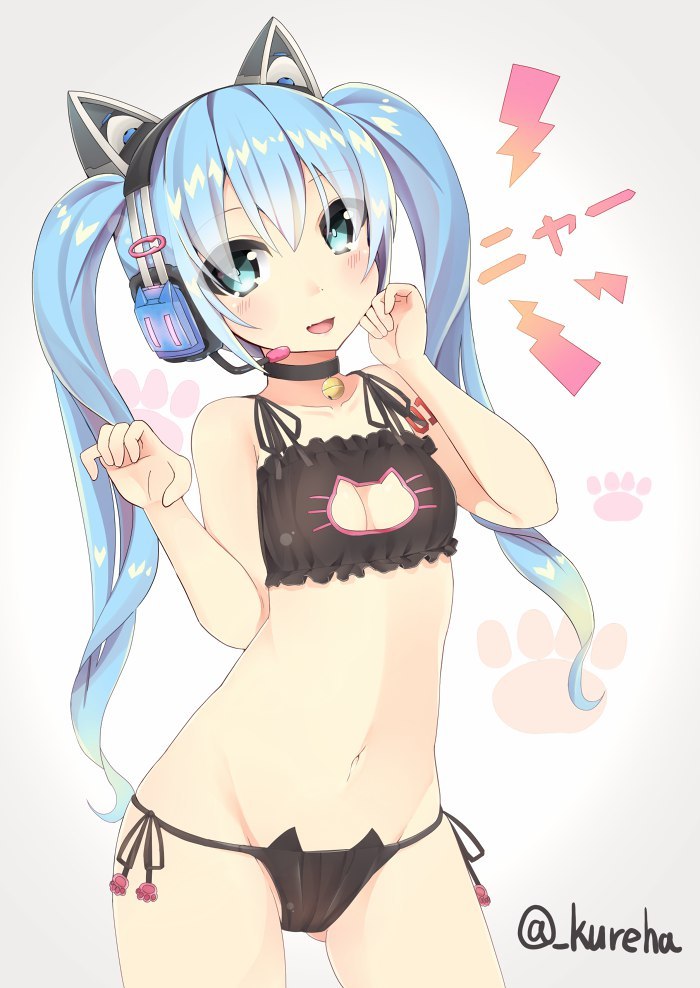Miku and a cat swimsuit. - NSFW, Kureha, Hatsune Miku, Vocaloid, Anime art, Cat keyhole bra, Longpost