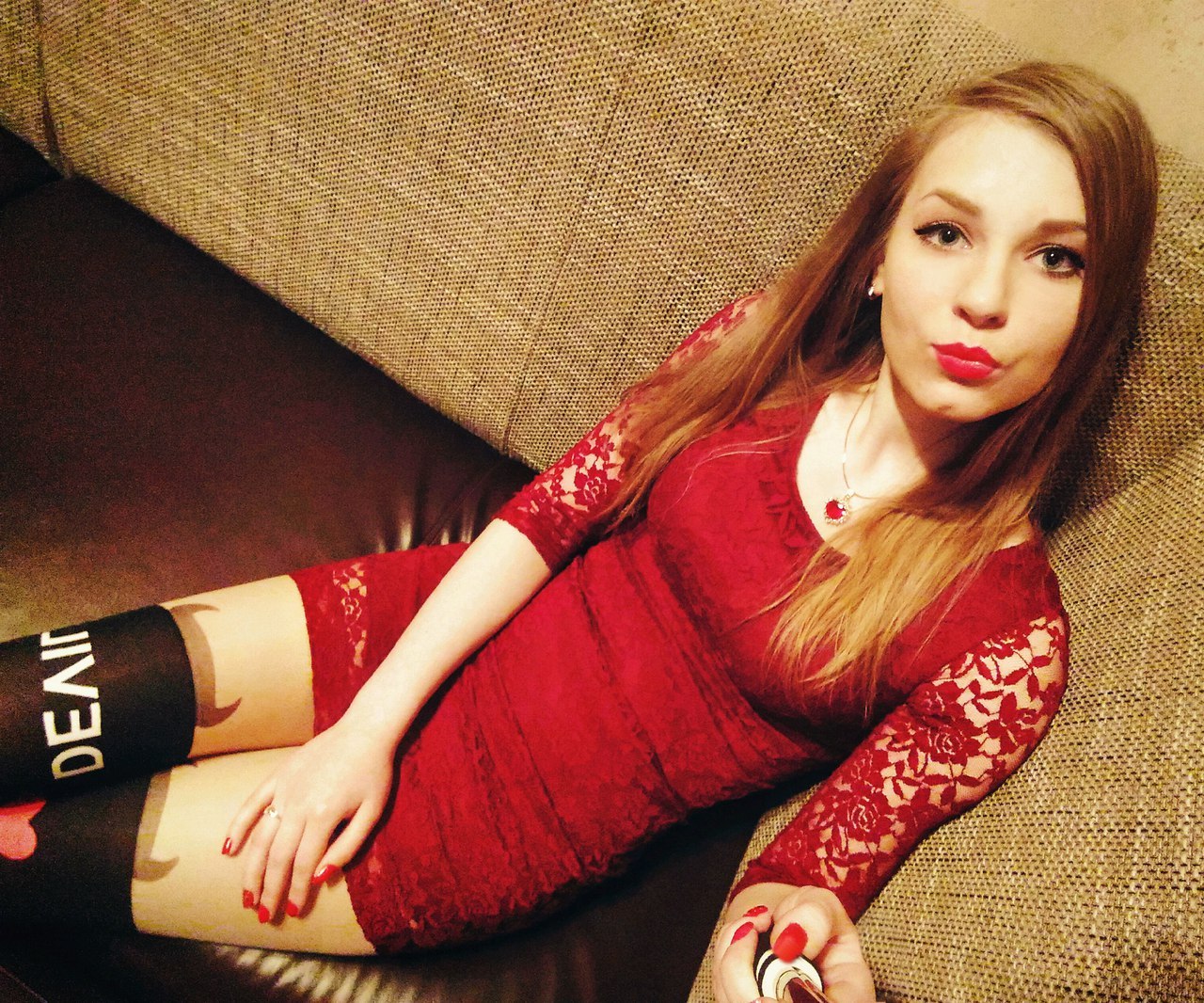 Red dress - NSFW, Girls, The dress, Selfie, Stockings