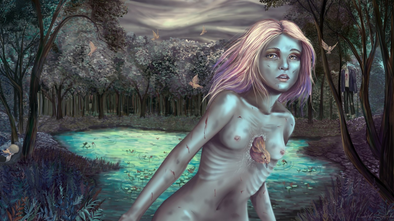 drowned woman - NSFW, My, Deinereflexion, Girls, Art, Drawing, Drowned, Birds, Breast