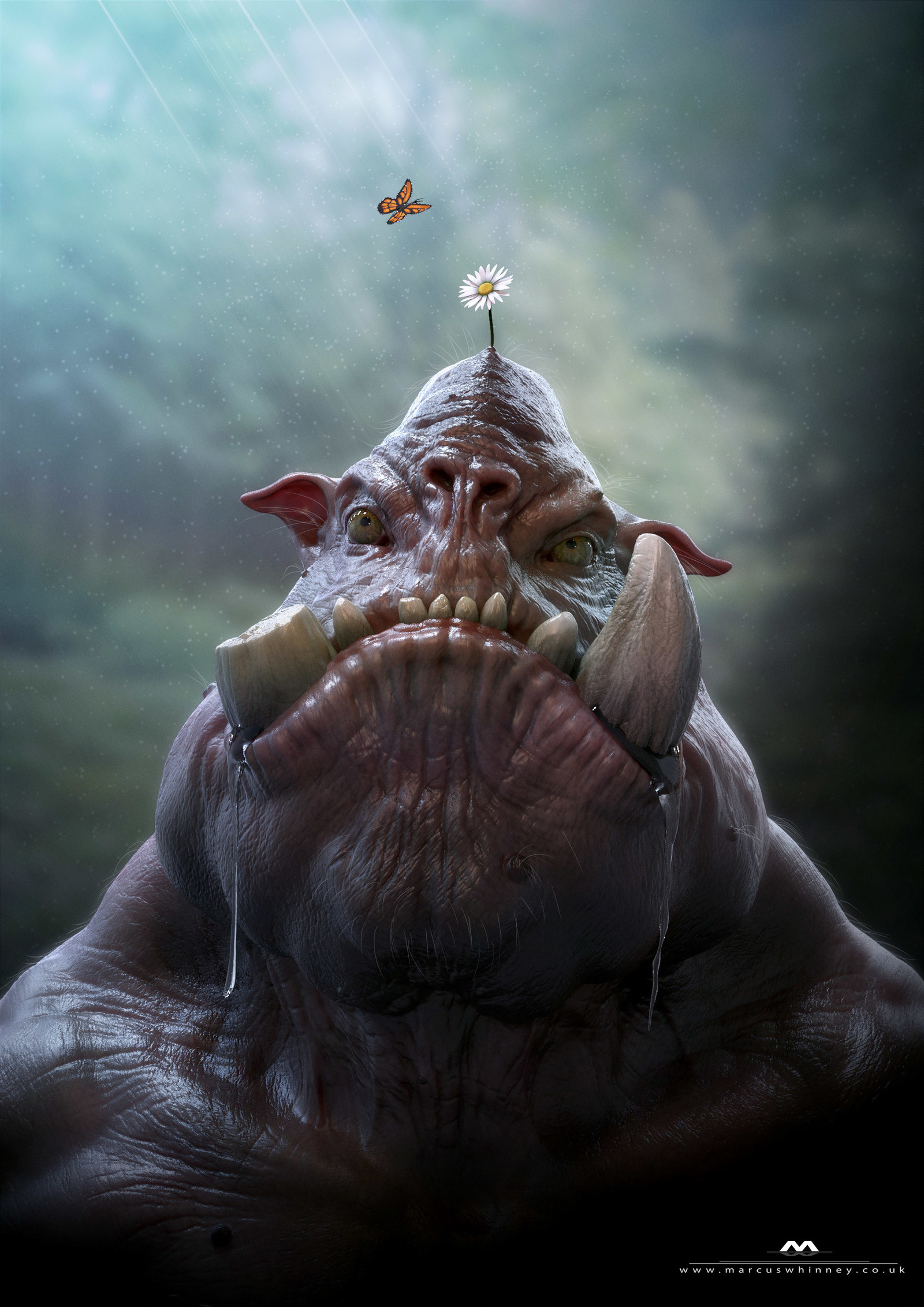 He lived without grieve and now ... - Troll, Horror, Chamomile, Butterfly, Head, Fantasy, 3D, Art