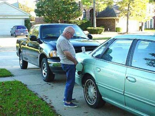 Gray hair in the beard, dick in the car - Grandfather, Auto, Refueling