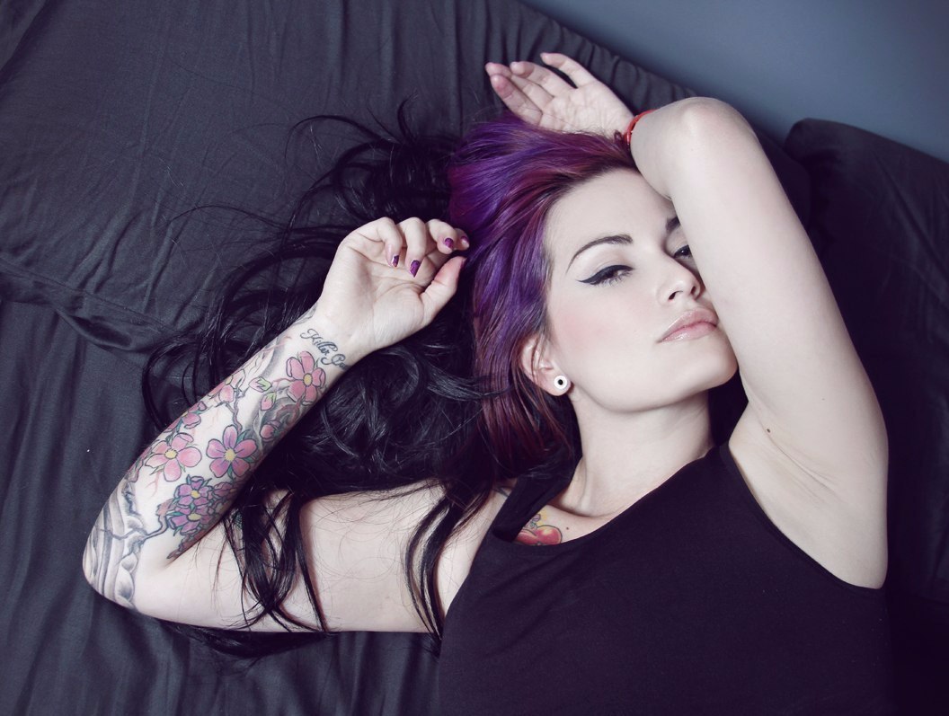 Black - NSFW, Beautiful girl, Suicide girls, Girl with tattoo, Hair, Lips, Breast, Figure, Eyes, Longpost