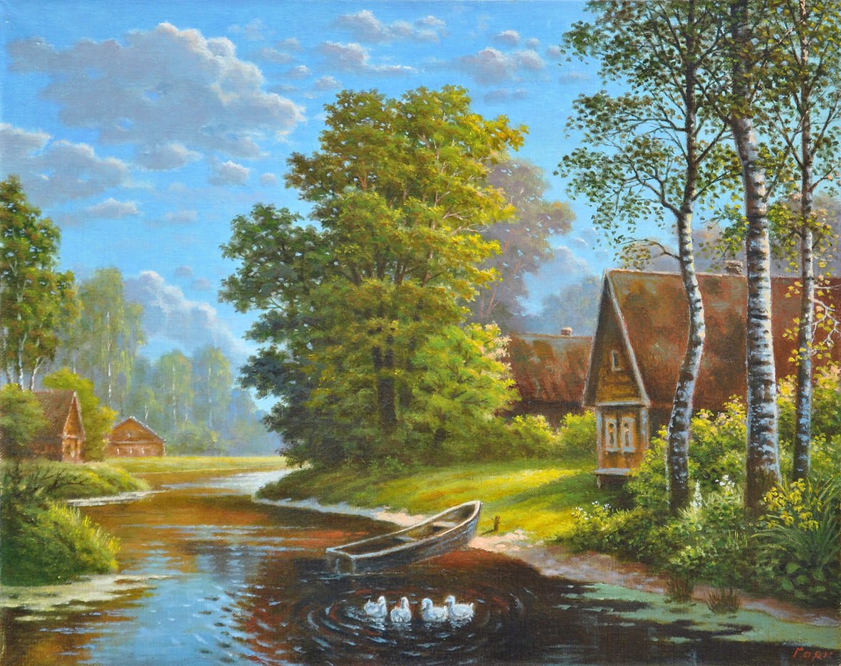Луга река дом. «Летний пейзаж с рекой» (1870 г.). Каменев.