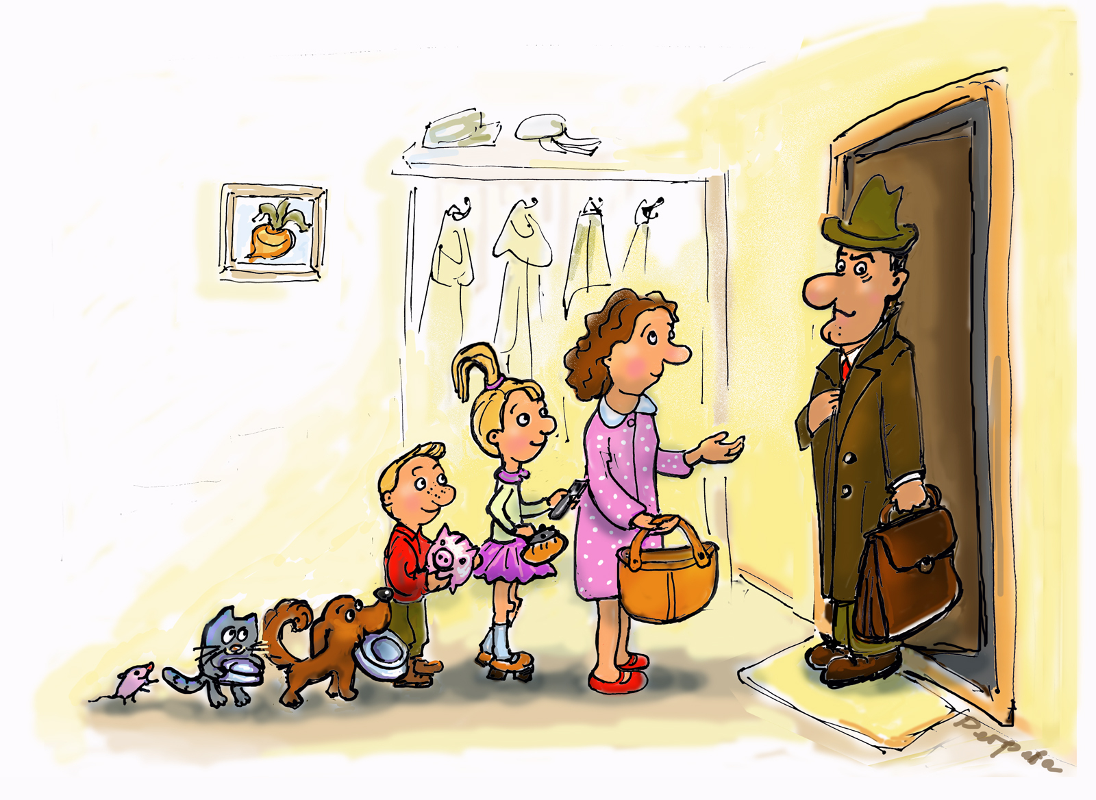 Гости собираются домой. Карикатуры смешные. Юмористические иллюстрации. Карикатуры про семью. Карикатура для детей.