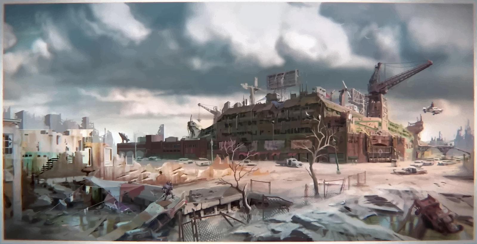 Зона окружения. Fallout 4 Даймонд Сити арт. Фоллаут 4 концепт арт. Фоллаут 4 концепт арты городов. Fallout 4 концепты.