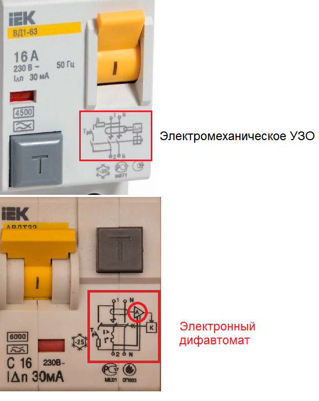 Отличие электронного УЗО от электромеханического. Схема электромеханического УЗО И электронного. Обозначение электромеханического УЗО. Отличие электронного УЗО от электромеханического на схеме.