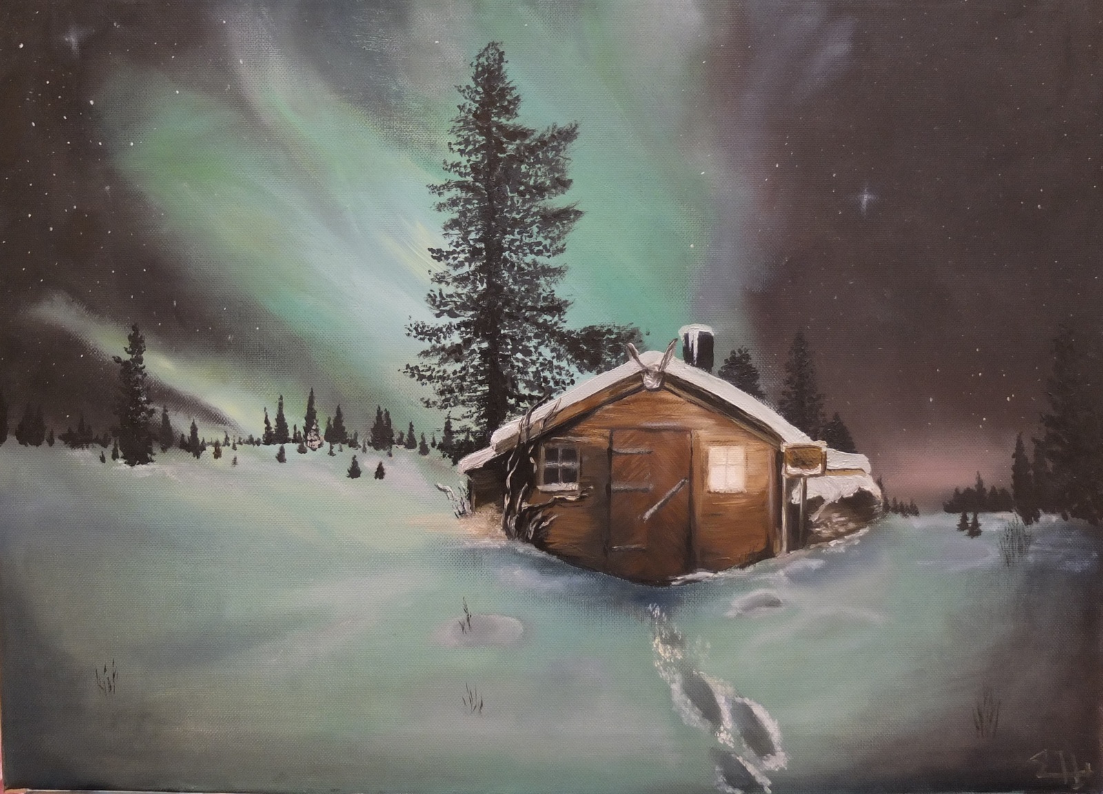 For those who are tired of the heat - My, Winter, House in the woods, Oil painting