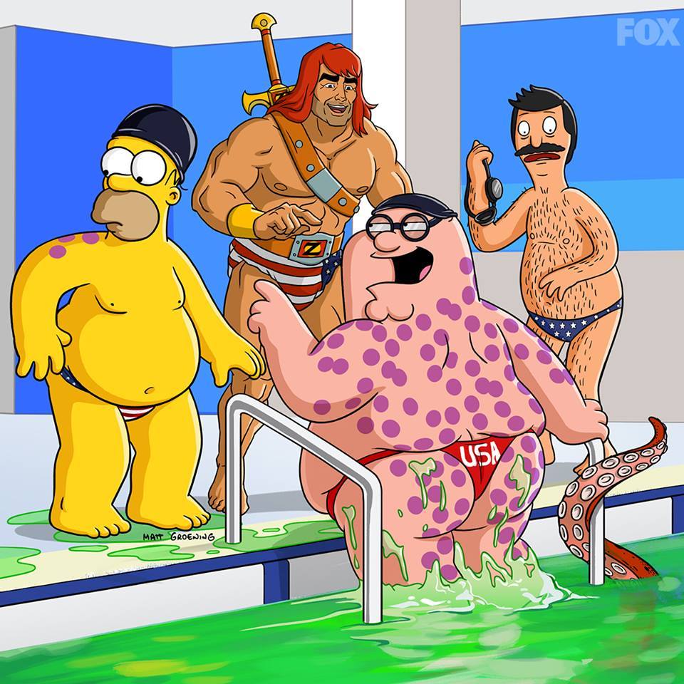 Fox TV jokes about the Olympics in Rio - The Simpsons, Family guy, Olympiad, Rio de Janeiro, Swimming pool, Bean diner, 