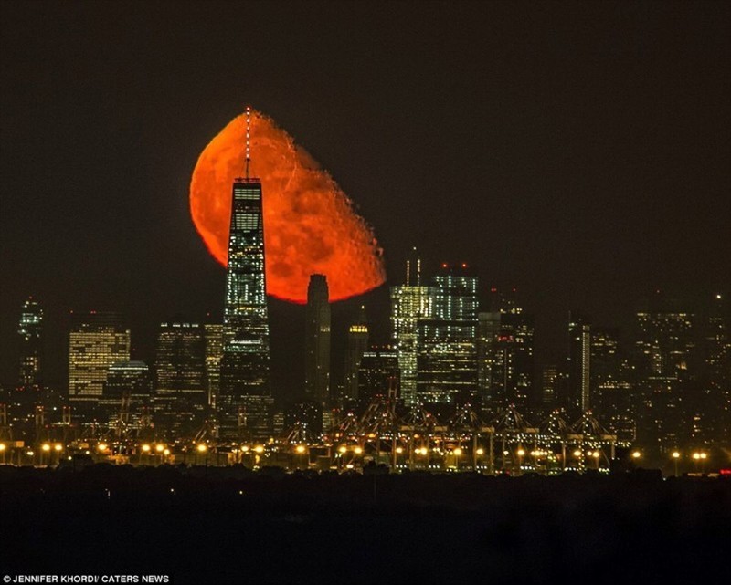 Blood red moon rising over Manhattan - moon, Red, The photo