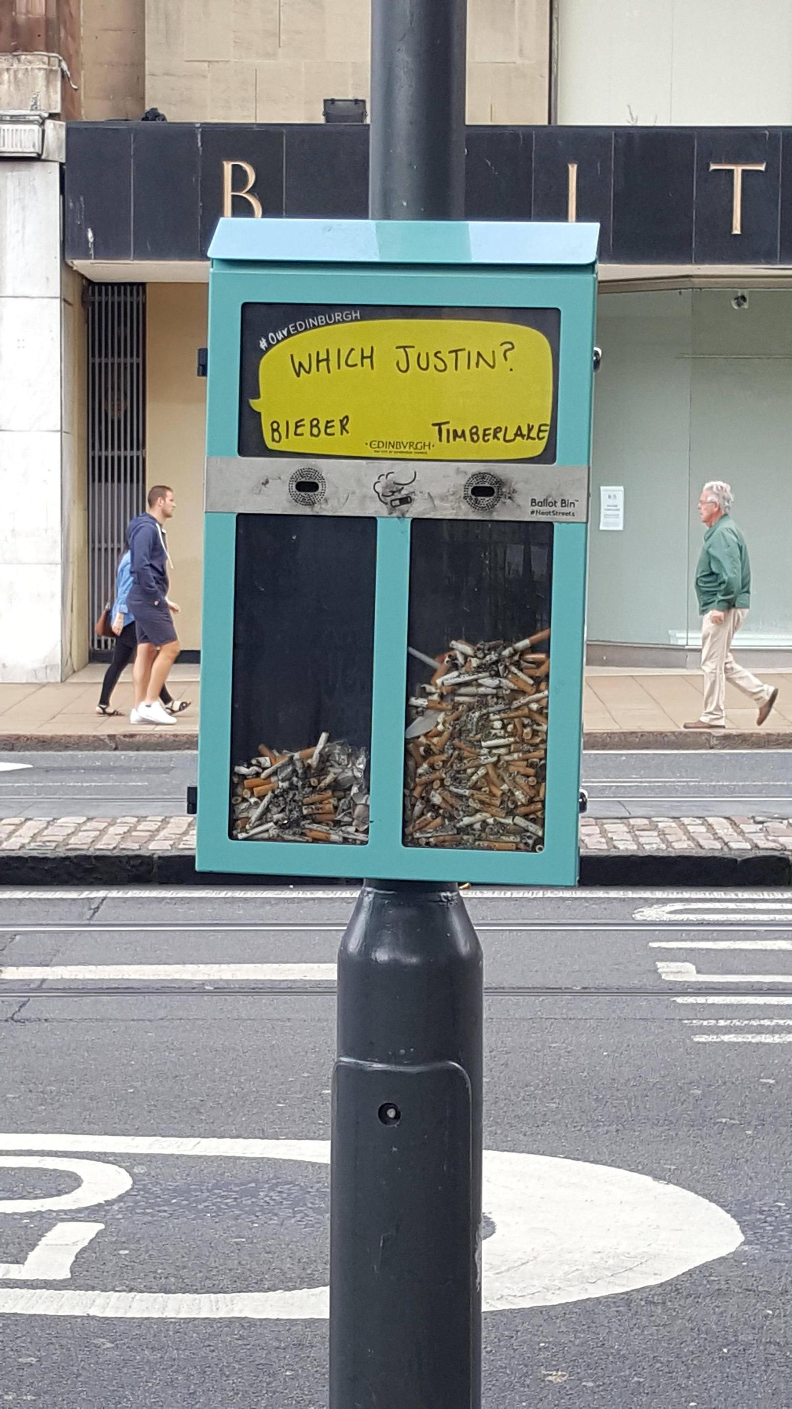 Who will you choose? - Cigarette butts, Justin Timberlake, Justin Bieber, Edinburgh